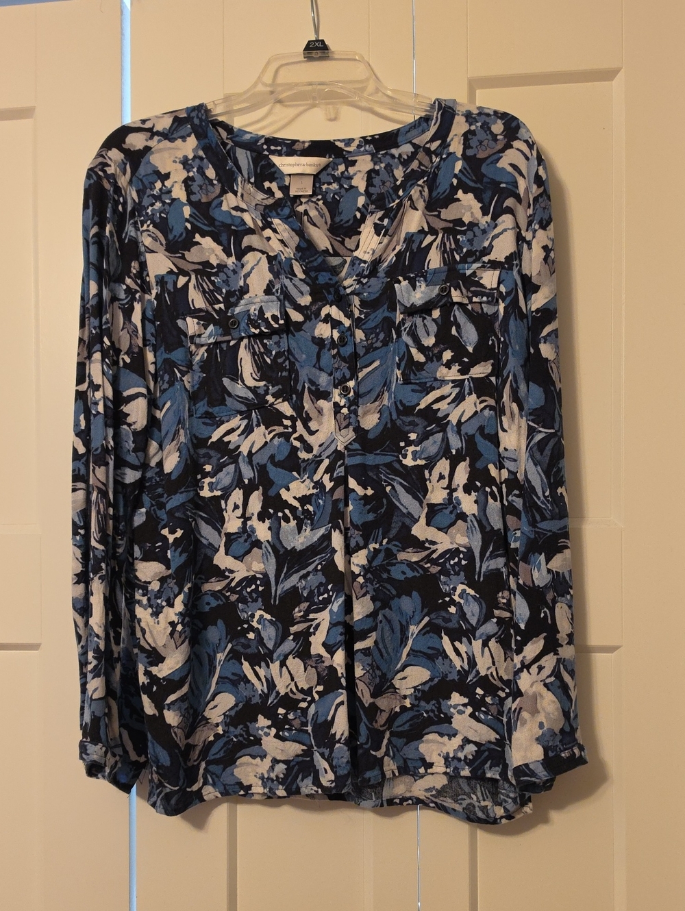 Christopher & Banks Blue Black and White Floral Print Blouse